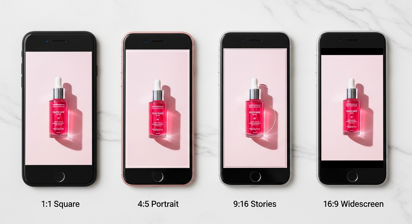Four smartphones showing the same product image in 1:1, 4:5, 9:16, and 16:9 aspect ratios