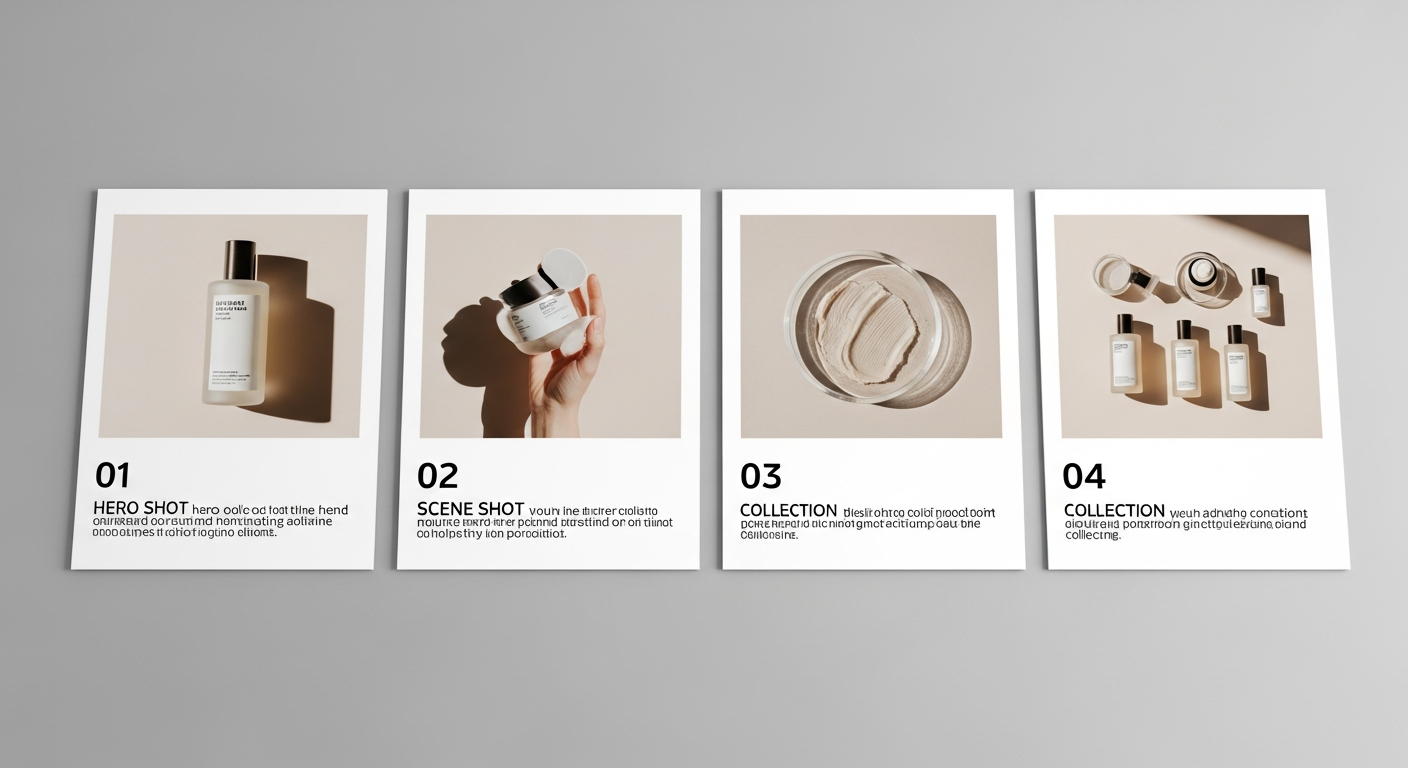 A storyboard of four product photography scenes arranged in sequence for a brand promo video