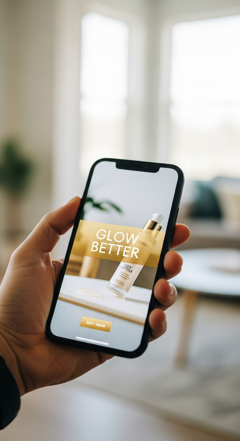 Hand holding a smartphone showing a finished brand promo video with text overlay
