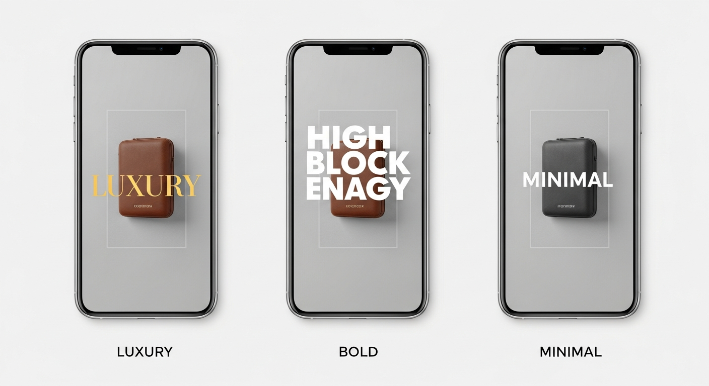 Three phones showing Luxury, Bold, and Minimal video overlay styles side by side