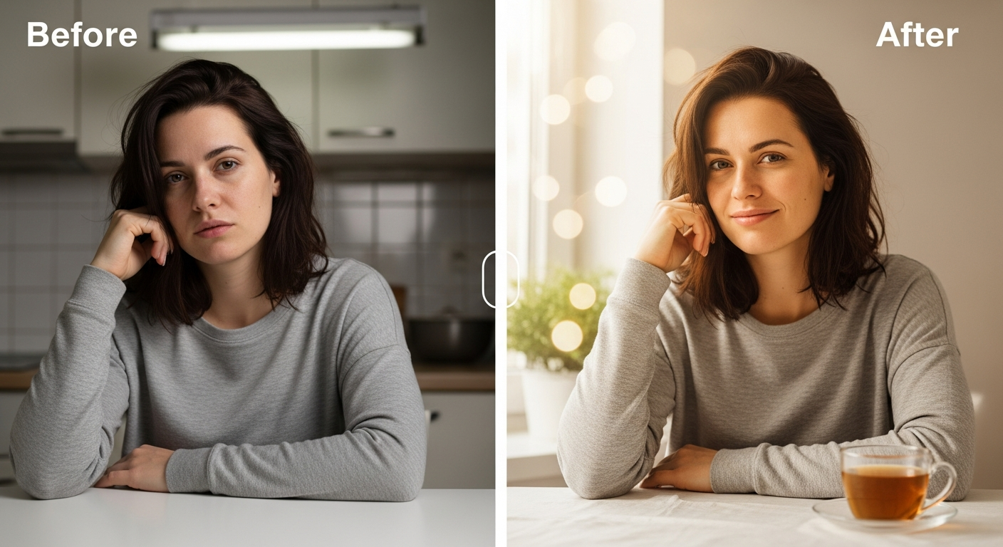 Side-by-side comparison showing a photo before and after AI photo refinement, with the background replaced and lighting improved