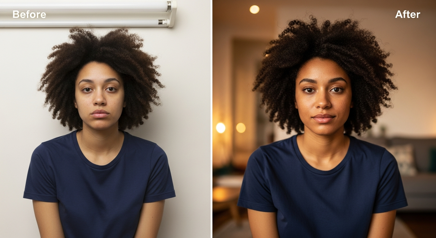 Before and after AI photo refinement for a Black woman. Left shows harsh flat lighting against a plain wall. Right shows radiant skin, warm golden lighting, and a soft lifestyle background.