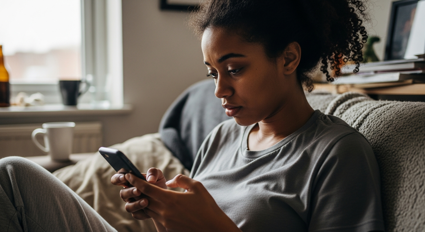A woman looking at her phone with a candid, unposed expression, the kind of photo that stays in camera drafts