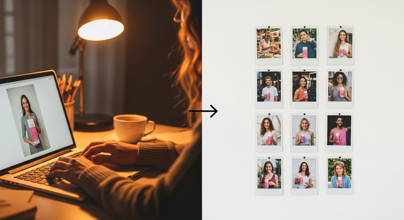 Woman at a laptop uploading one product photo on the left, with an arrow pointing to a wall of twelve finished content images on the right