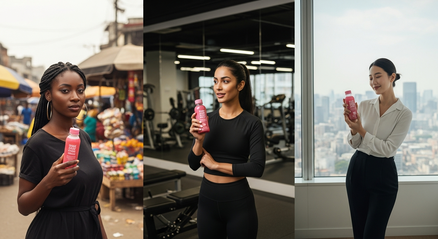 Three-panel image showing a Black woman at a Lagos market, a South Asian woman at a gym, and an East Asian woman in a Tokyo high-rise, each holding the same pink drink