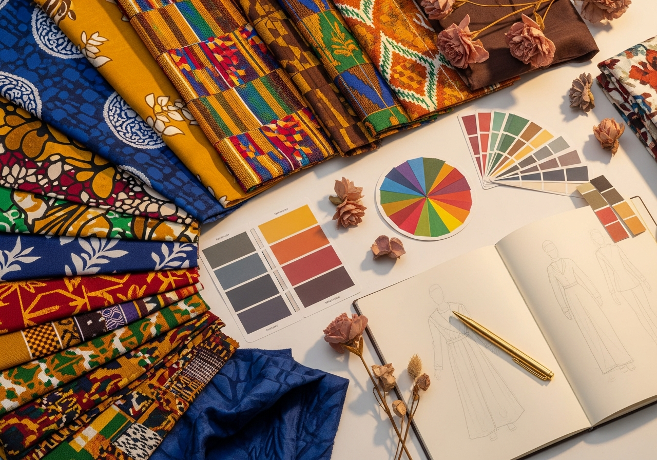 Fashion designer flat lay with vibrant Ankara, Kente and Adire fabric swatches, colour chips and a sketchbook