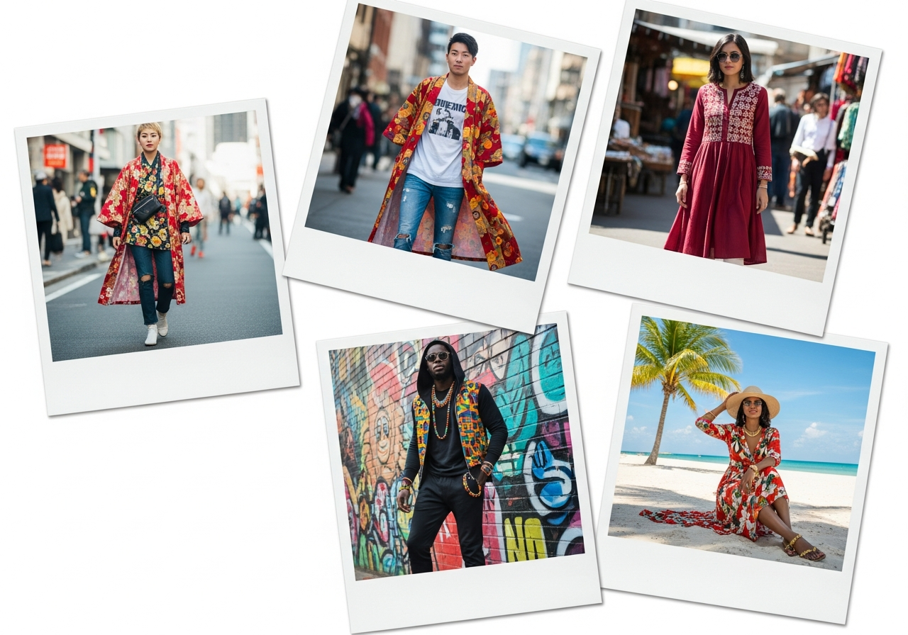 Mood board of four polaroid photos showing diverse models in Japanese, Indian, West African and Caribbean fashion