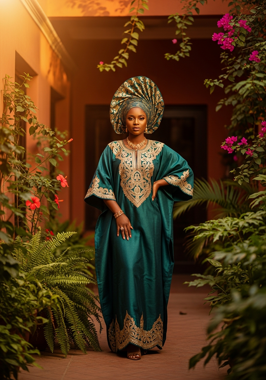 Confident Nigerian woman in a luxurious gold-embroidered kaftan standing in a sun-drenched courtyard