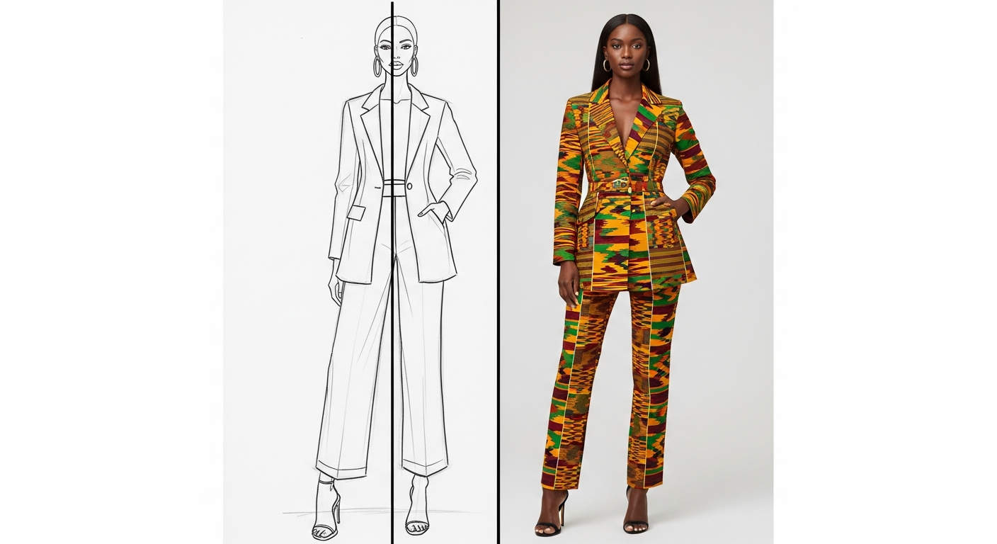 Split showing a fashion sketch illustration on the left and a photorealistic production render of the same outfit on the right