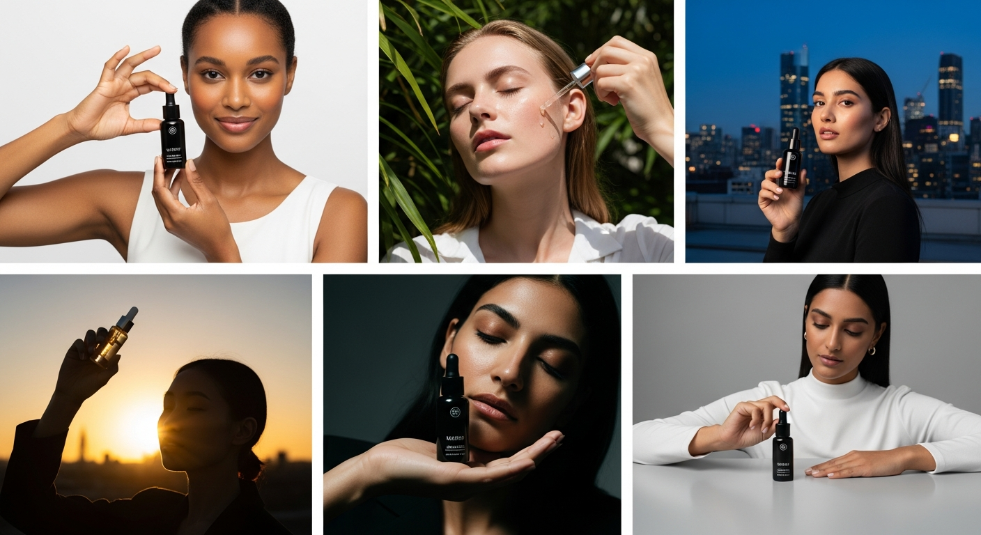 Grid of six product images showing the same serum bottle with diverse models and backgrounds