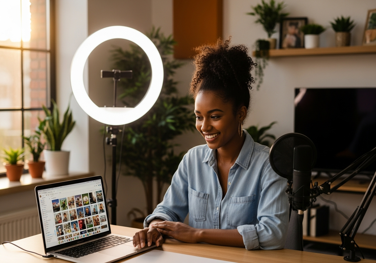 Black woman content creator smiling at her laptop in a stylish home studio