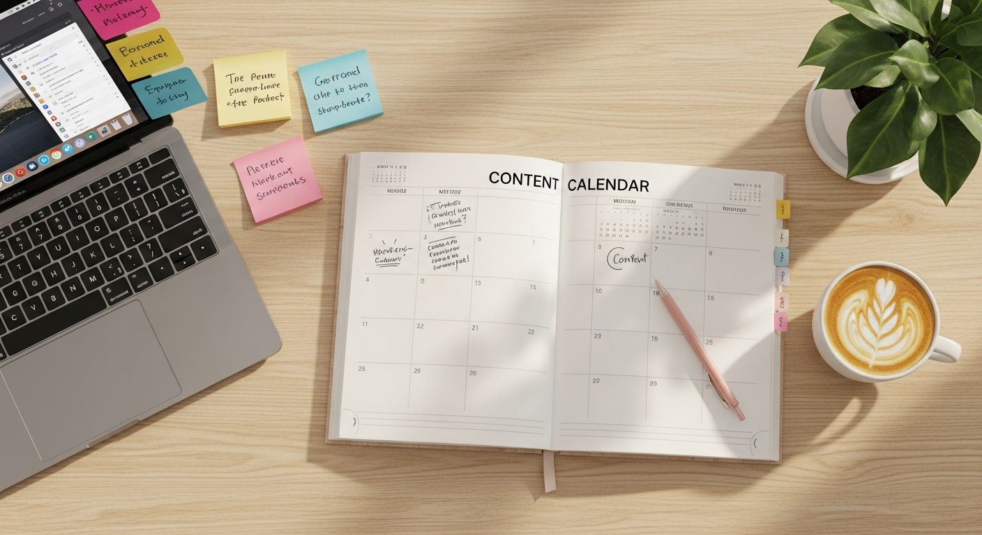 Content calendar flat lay with phone, notebook and coffee