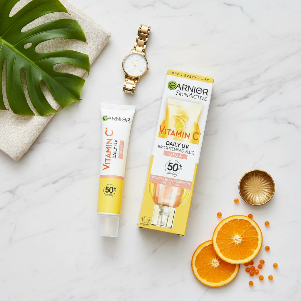 Professional beauty product flat lay with a Garnier Vitamin C moisturiser tube, box, gold watch, monstera leaf and orange slices on marble