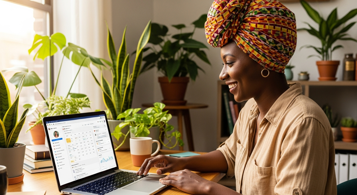 A woman in a colourful head wrap reviewing a social media scheduling dashboard on a laptop in a bright creative studio