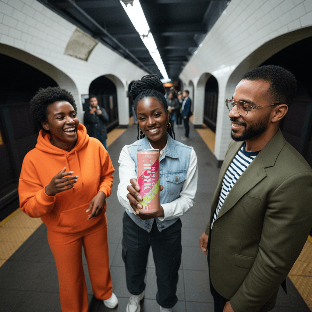 Group shot in a New York subway station with over-shoulder wide angle