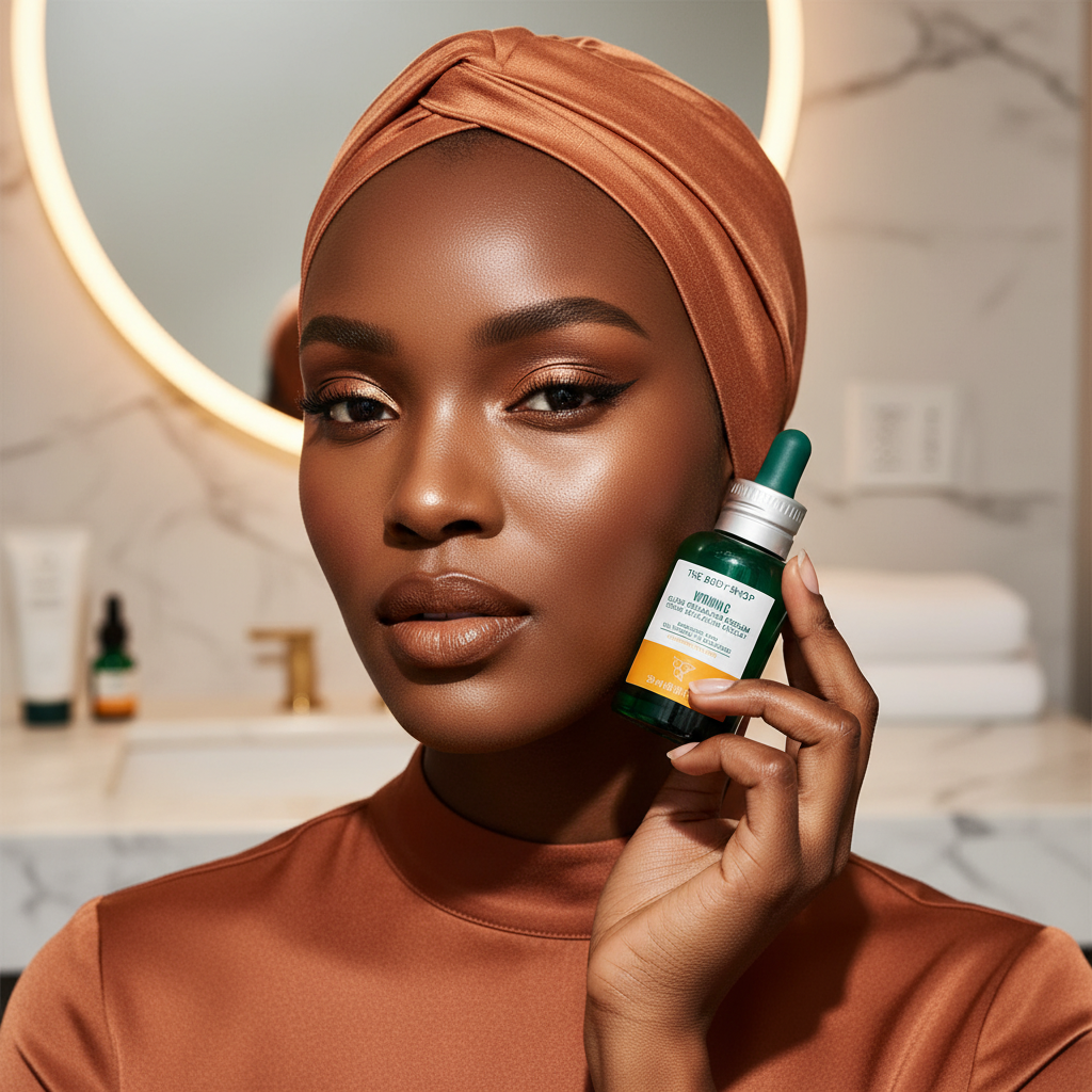 Striking Black woman in a terracotta head wrap holding a serum bottle against a softly lit bathroom background