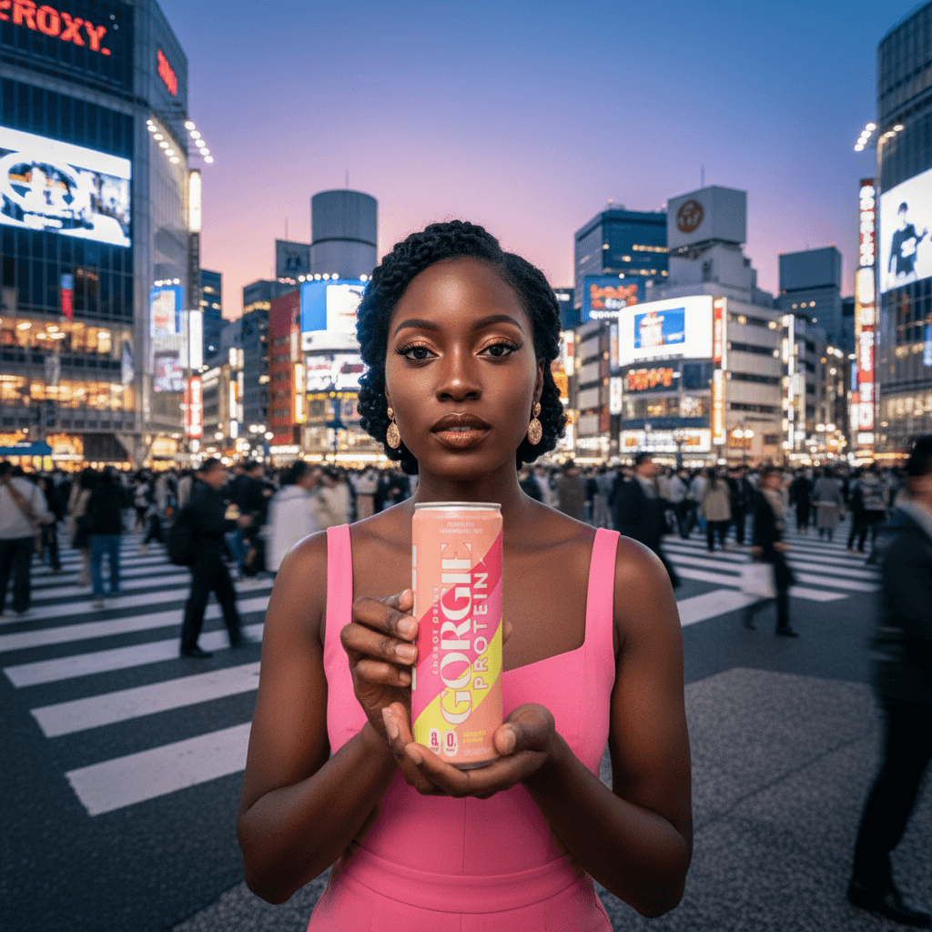 Model at Tokyo Shibuya crossing at dusk holding a product