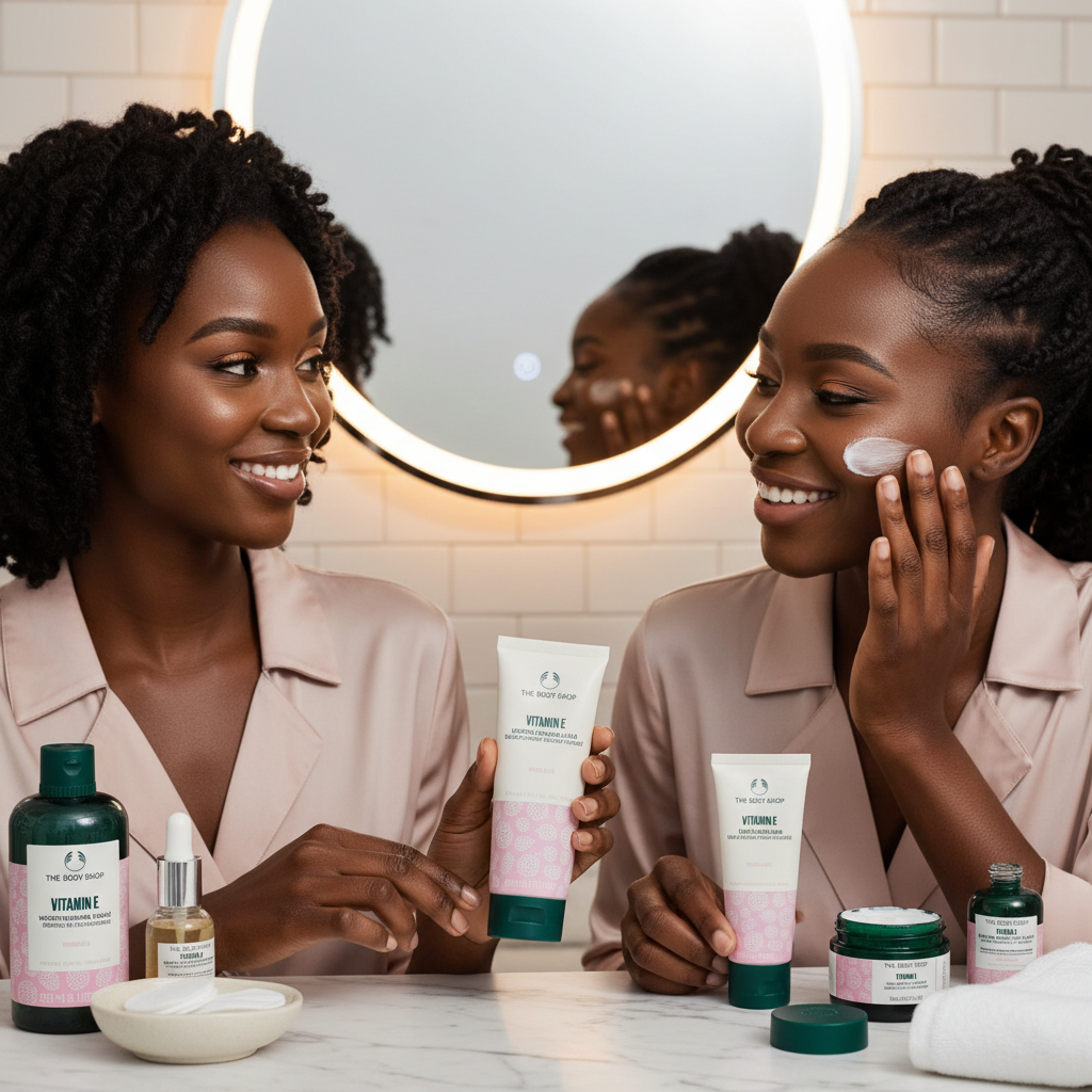 Black woman smiling in her bathroom mirror while applying skincare product, surrounded by beauty products on the counter