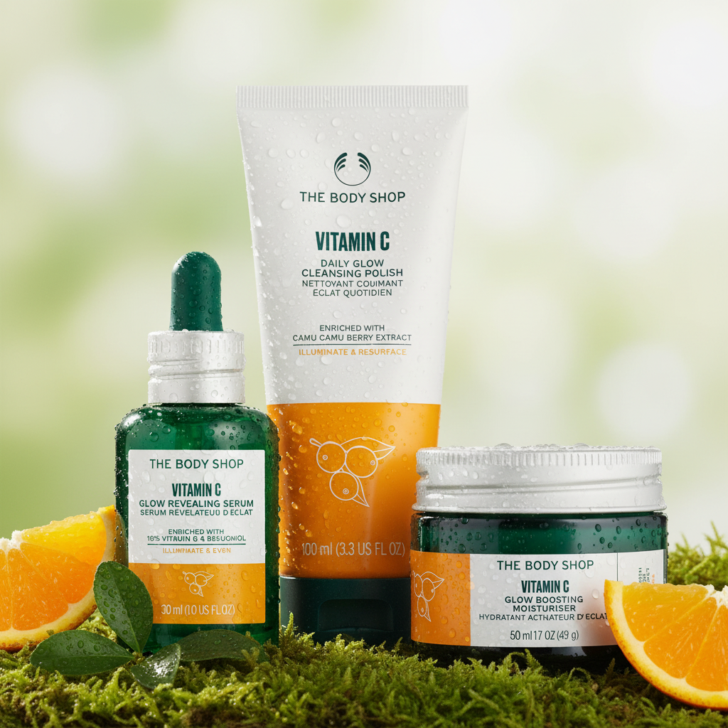 The Body Shop Vitamin C skincare range including a glow revealing serum, daily glow cleansing polish and glow boosting moisturiser arranged on green moss with orange slices and water droplets for a Fresh and Dewy hero shot