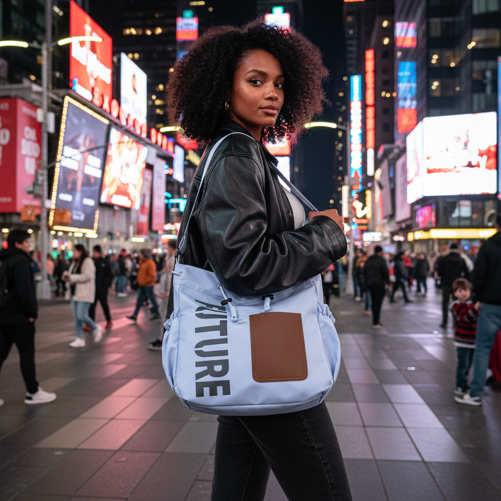 AI-generated lifestyle image of model carrying the tote bag in Times Square