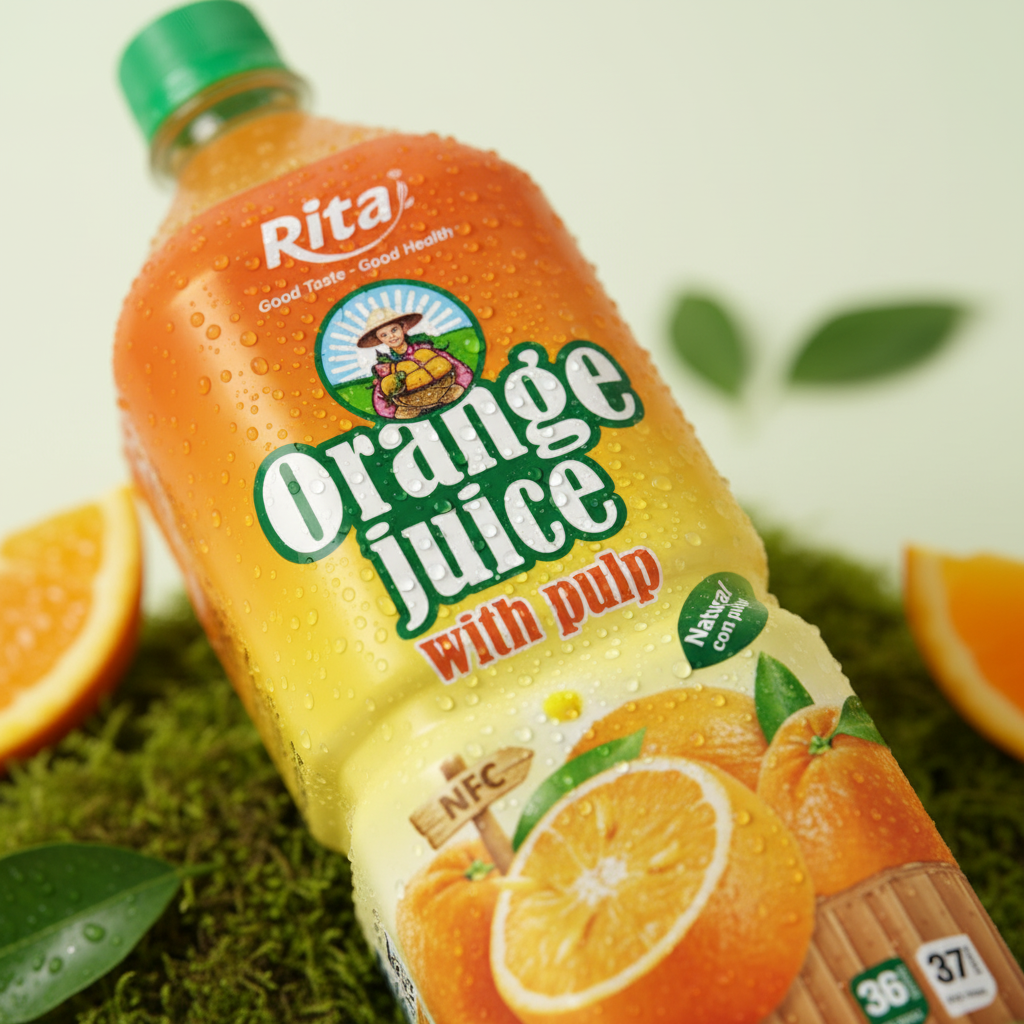 A Rita orange juice bottle with pulp tilted at a dynamic angle on green moss surrounded by fresh orange slices and leaves for a close-up FMCG product hero shot