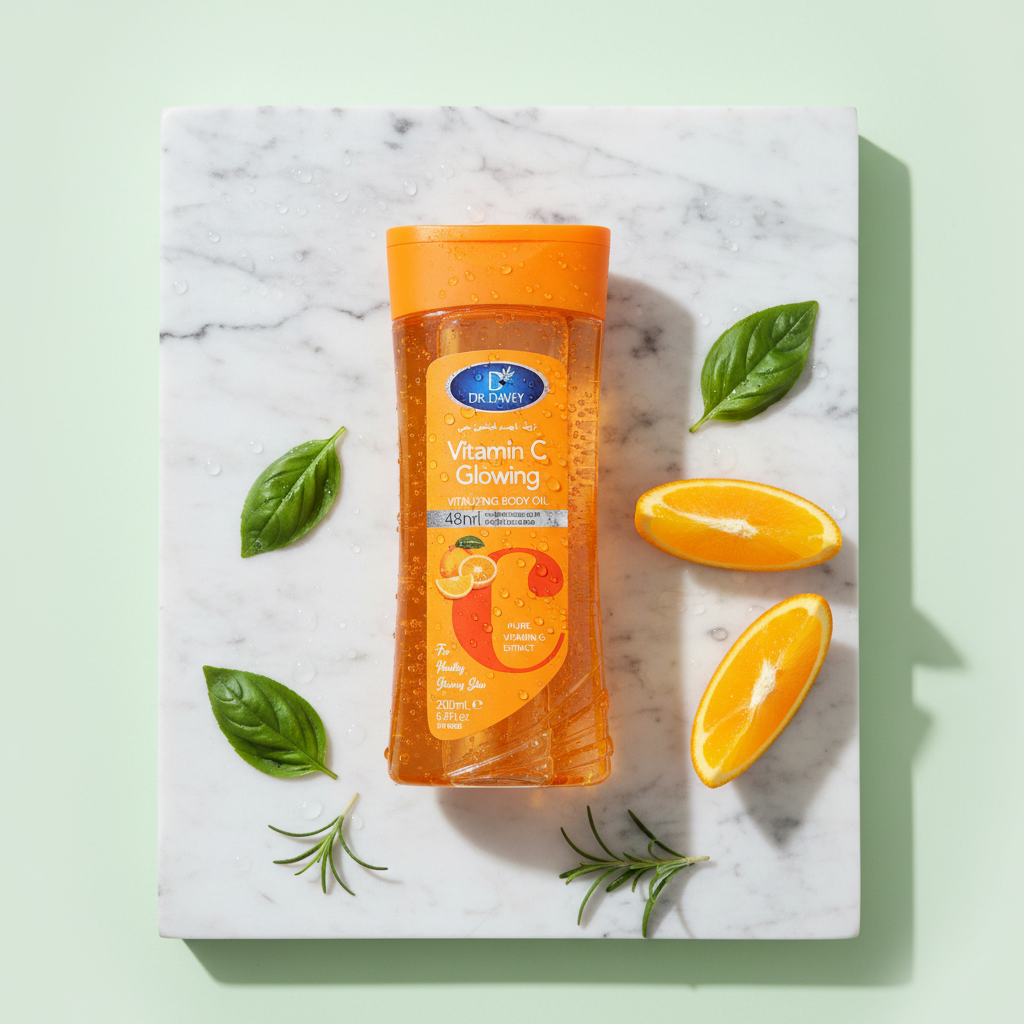 Dr. Davey Vitamin C Glowing body oil bottle laid flat on a marble slab surrounded by fresh basil leaves, orange slices and herb sprigs for a beauty product flatlay hero shot