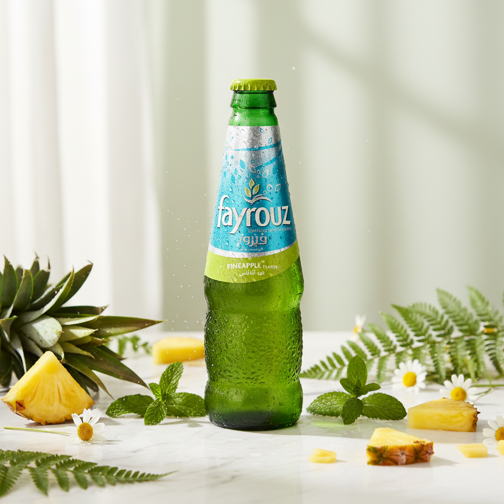 A Fayrouz pineapple sparkling drink bottle covered in water droplets surrounded by fresh pineapple slices, mint leaves, daisies and fern fronds against a soft natural light background