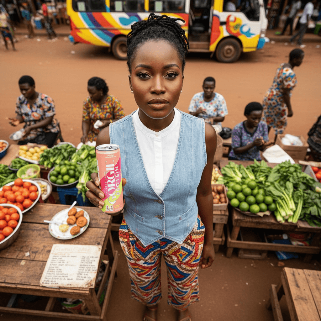 Model at an African market captured from a high bird's eye angle, holding a product