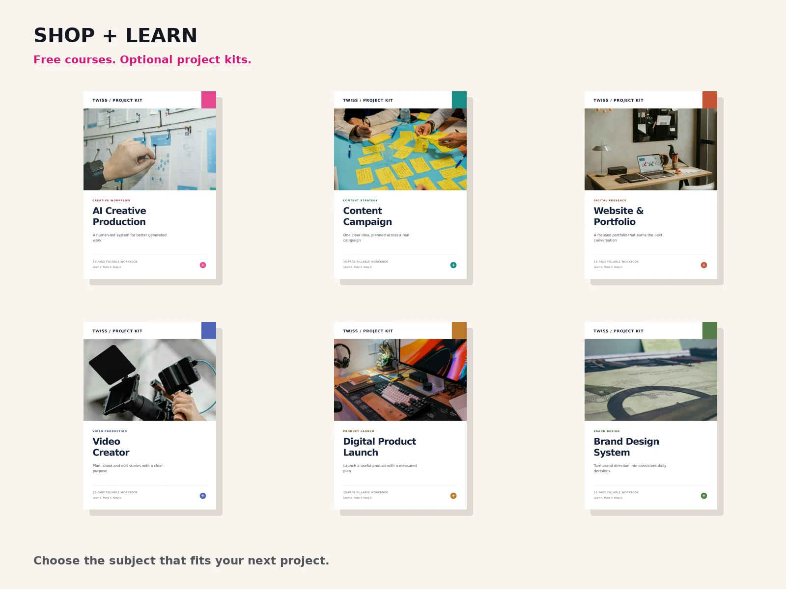 The six Twiss Shop + Learn PDF project kits, from AI Creative Production to Brand Design System